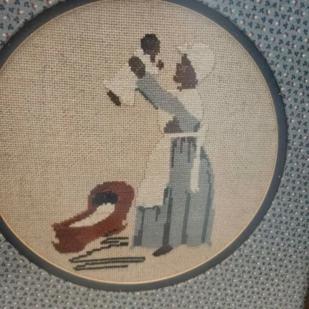 Vintage Framed Needlepoint Colonial Woman and Baby Folkart